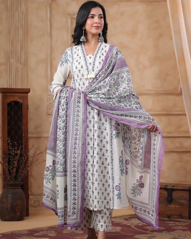 Anarkali Cotton Three-Piece White + Blue Print