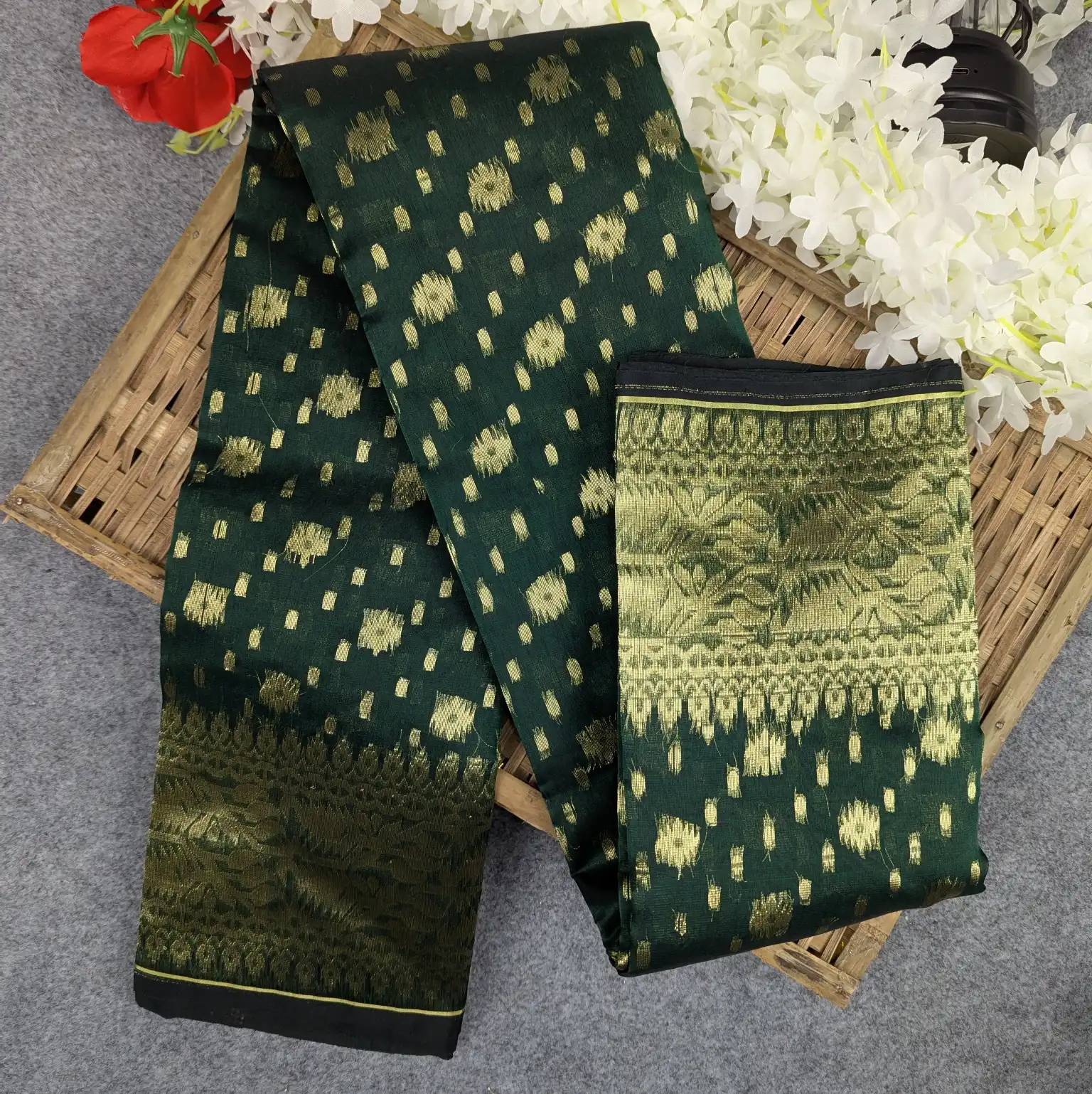 Premium Half Silk Jamdani Saree Combo Set - Green